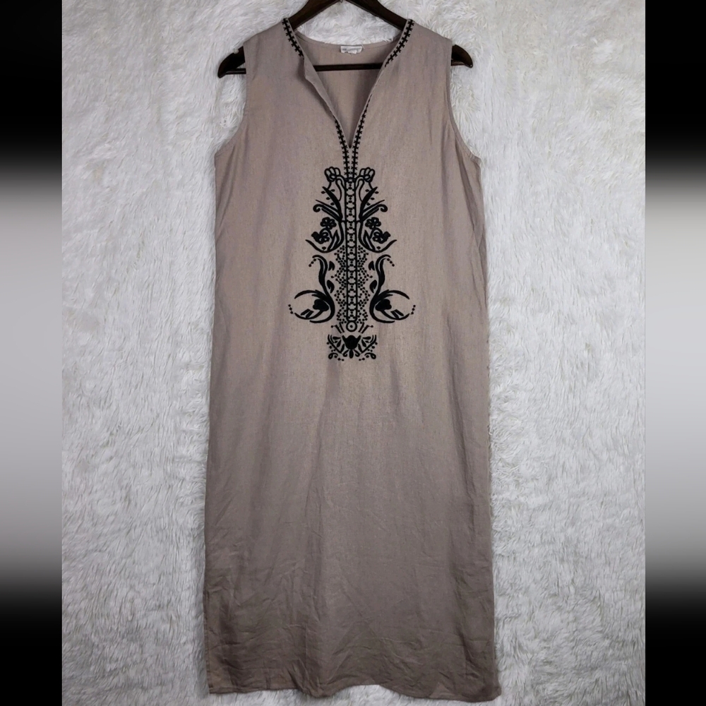 Sigrid Olsen Small Brown Linen Blend Embroidered‎ Midi Shift Dress Beachy Hippie